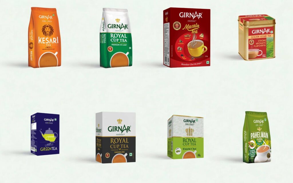 Girnar tea range featuring Kesari Tea, Royal Cup Tea, Masala Tea, Assam Tea, Green Tea, and Elaichi Chai displayed in assorted colorful packages.