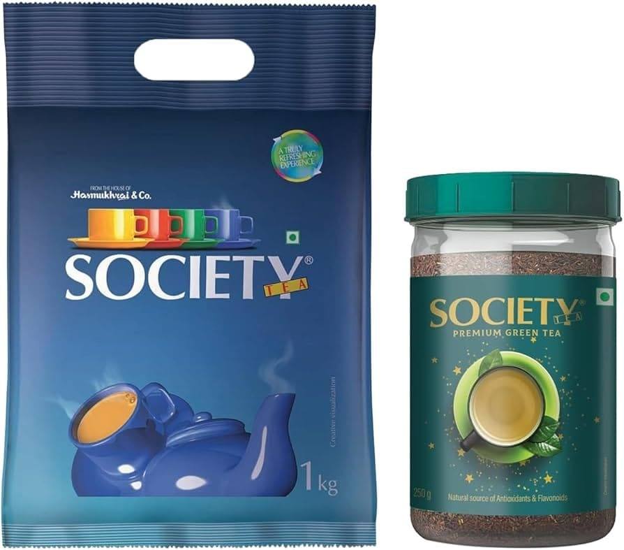 Society Tea products showing a 1kg blue pack of Society Tea and a jar of Society Premium Green Tea with antioxidant-rich blend.