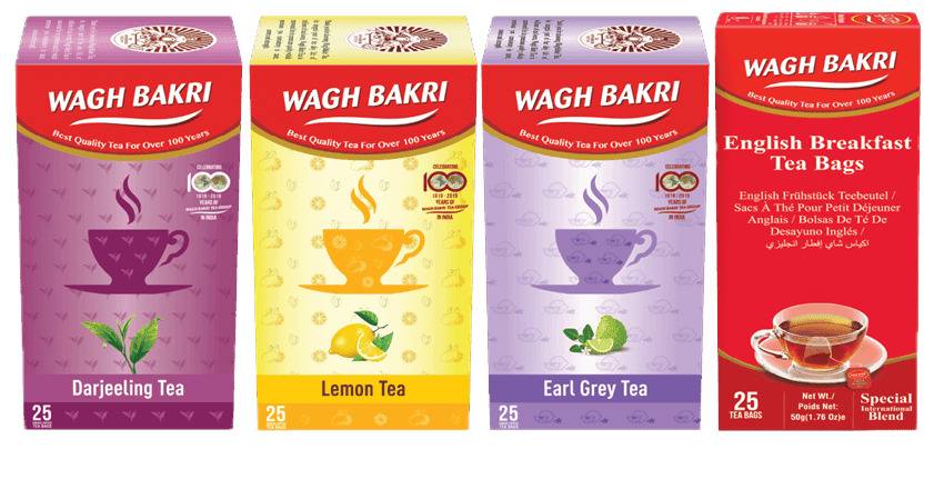 Wagh Bakri tea bags assortment including Darjeeling Tea, Lemon Tea, Earl Grey Tea, and English Breakfast Tea in colorful packaging.