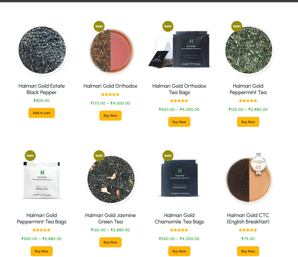 Halmari Tea products displayed on an online store, including Halmari Gold Orthodox, Halmari Gold Peppermint Tea, Halmari Gold Jasmine Green Tea, Halmari Gold Chamomile Tea Bags, and Halmari Gold CTC English Breakfast.
