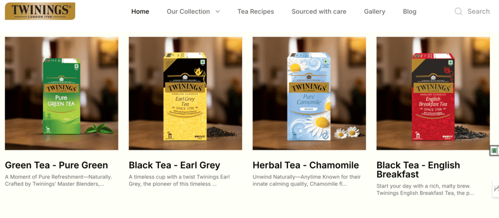 Twinings tea collection displayed on the official website, featuring Pure Green Tea, Earl Grey Black Tea, Pure Chamomile Herbal Tea, and English Breakfast Tea in premium packaging.