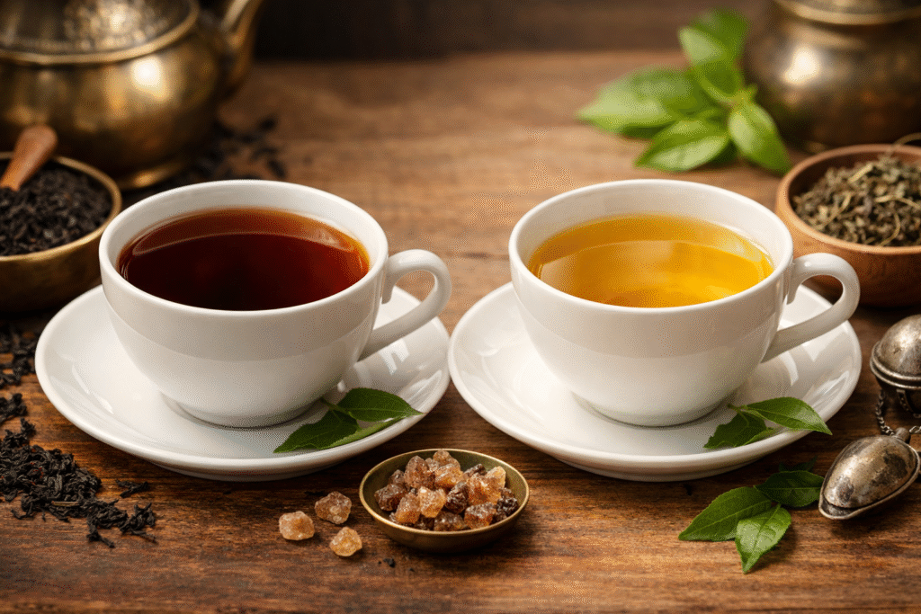 Two cups of tea side by side, with dark, rich Assam tea on the left and light, bright Darjeeling tea on the right, highlighting the visual difference between Assam and Darjeeling teas.