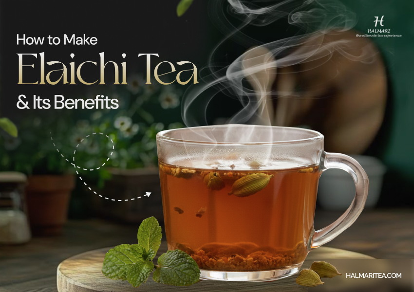 Glass cup of elaichi tea made with green cardamom, showing steaming hot cardamom tea on a wooden table.