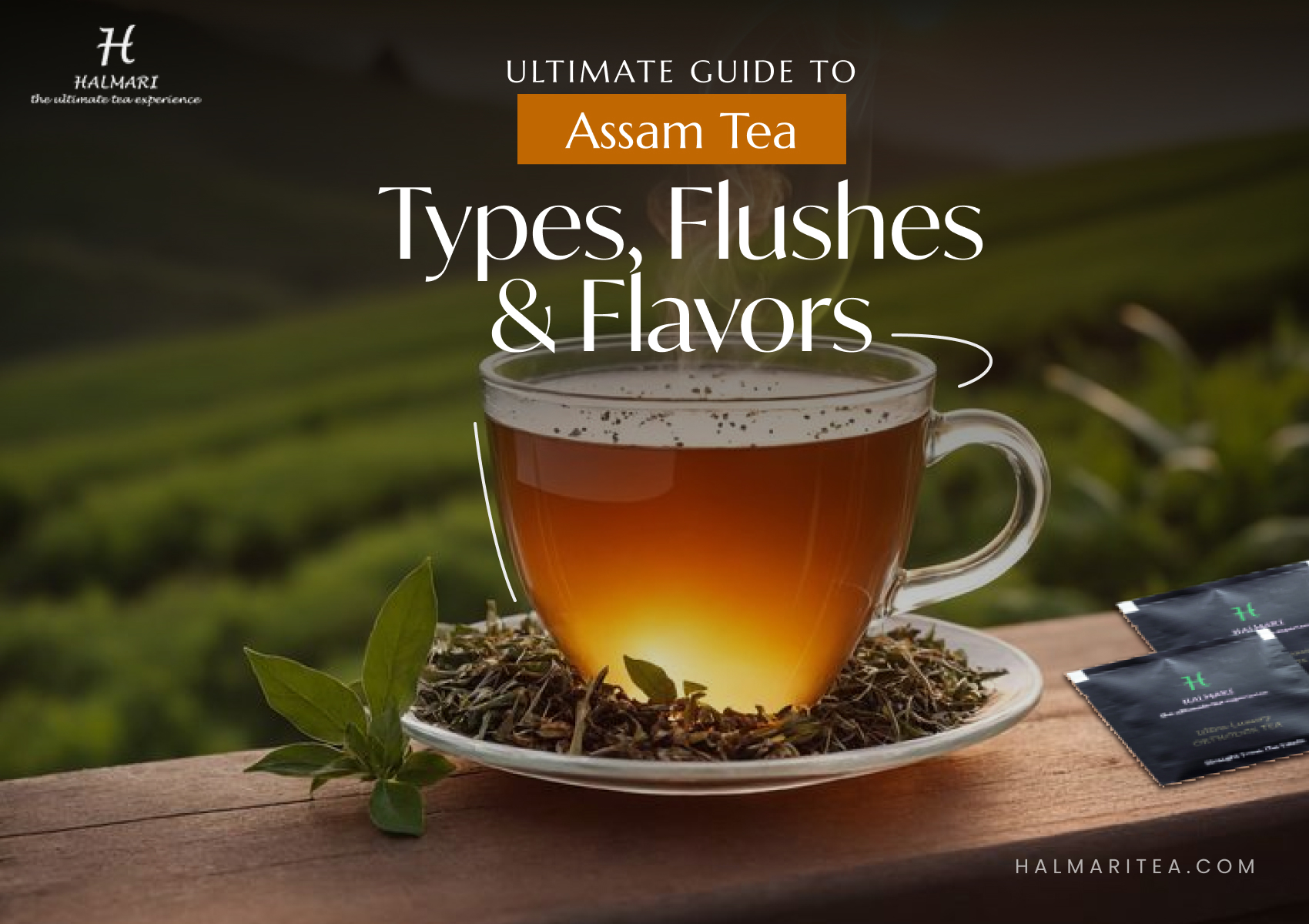 Cup of Assam tea on a wooden table overlooking lush tea gardens, illustrating the ultimate guide to Assam tea flushes, and flavors.