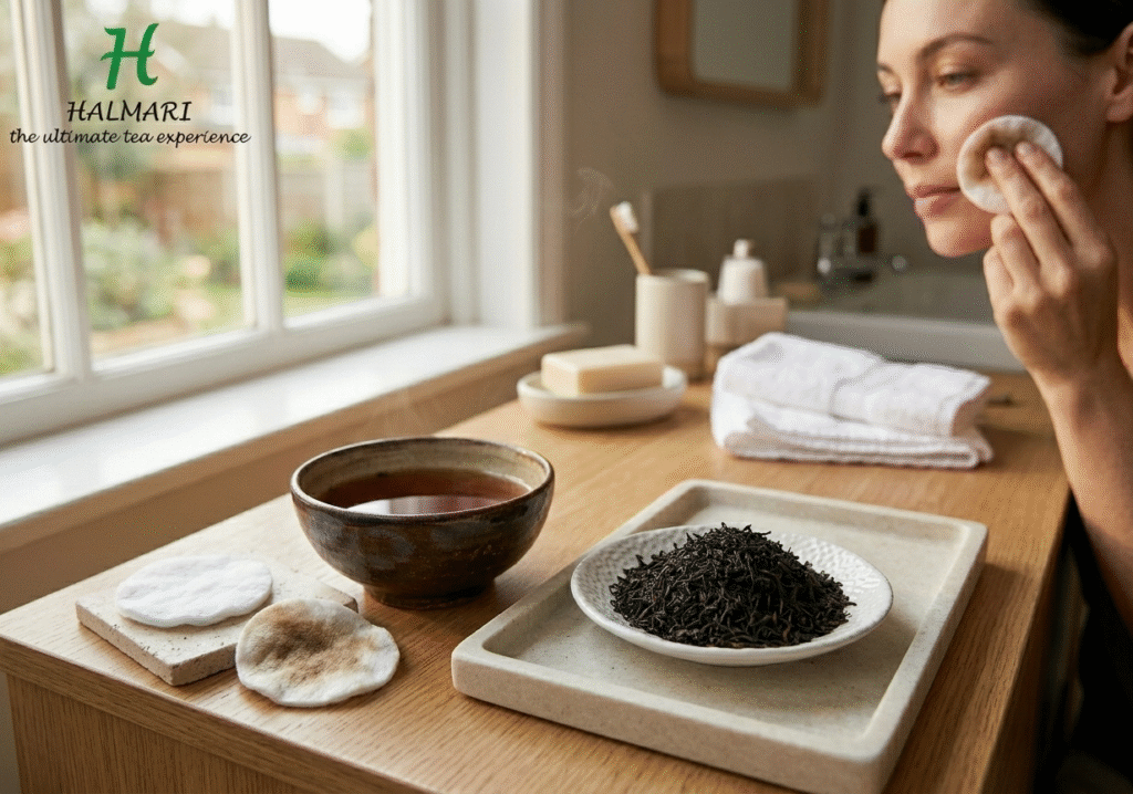 Woman applying black tea skincare treatment with cotton pad beside loose leaf tea and wellness products.