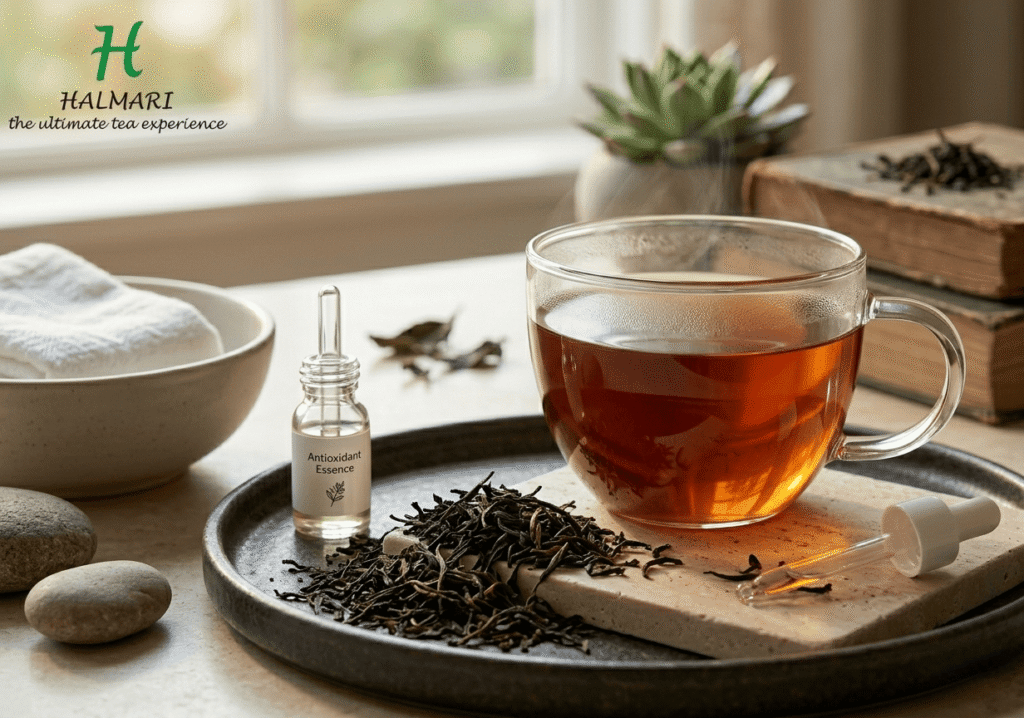 Cup of black tea with loose tea leaves and antioxidant skincare serum in a natural wellness setting.