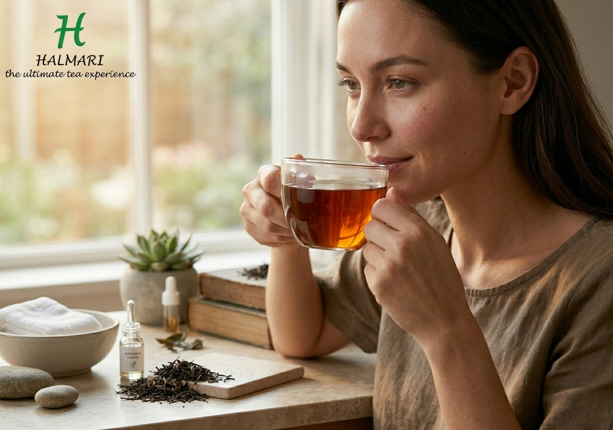 Woman drinking black tea indoors with loose tea leaves and skincare essentials on table near window.