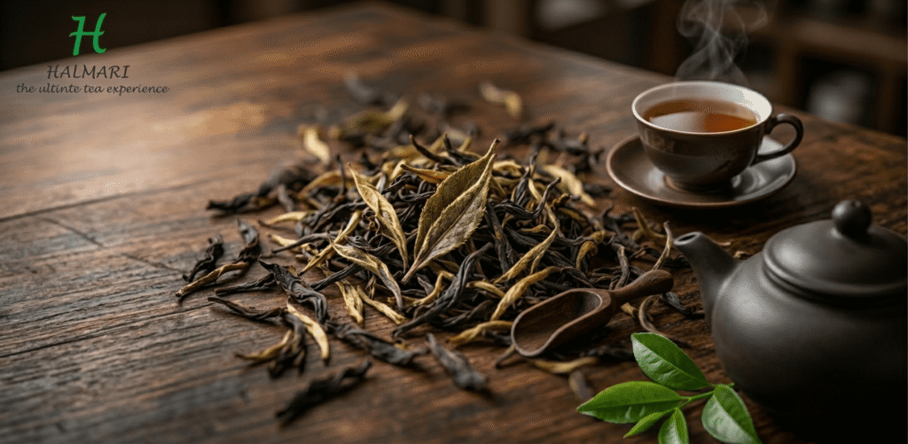 Premium Assam TGFOP tea leaves with golden tips displayed on a wooden table alongside a teapot and freshly brewed black tea.
