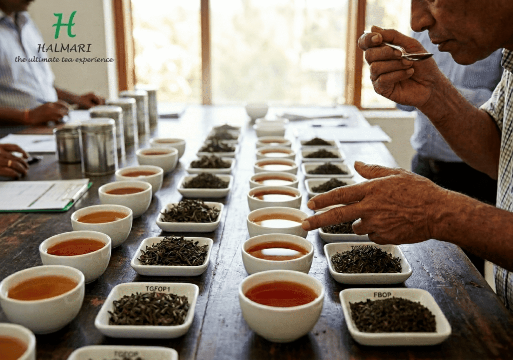 Professional Assam tea tasting session comparing different orthodox tea grades, dry tea leaves and liquor quality to evaluate flavour, appearance and cup characteristics.