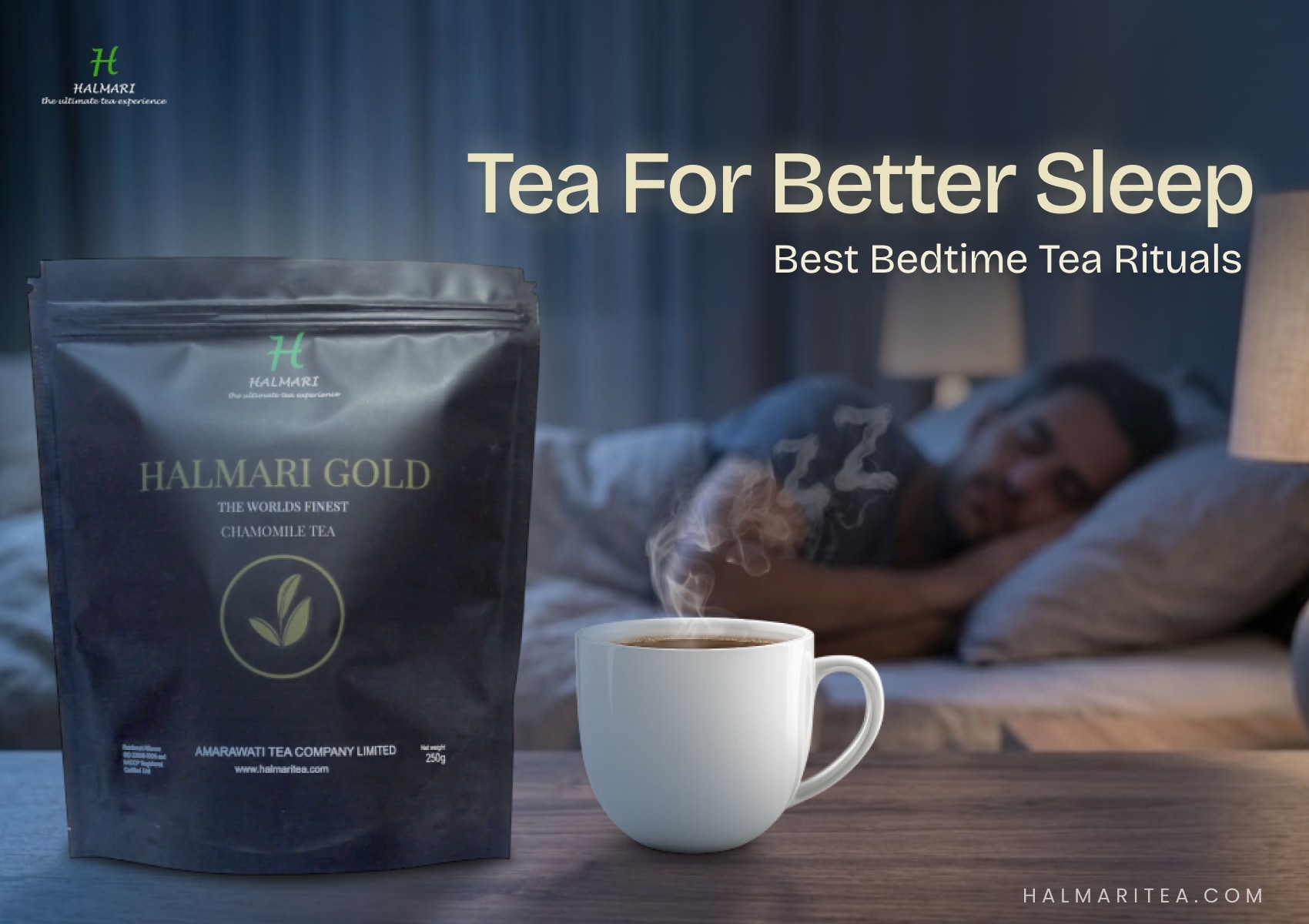 Chamomile tea for sleep displayed beside a bedside cup with a sleeping person in the background illustrating a relaxing bedtime tea ritual for better sleep.