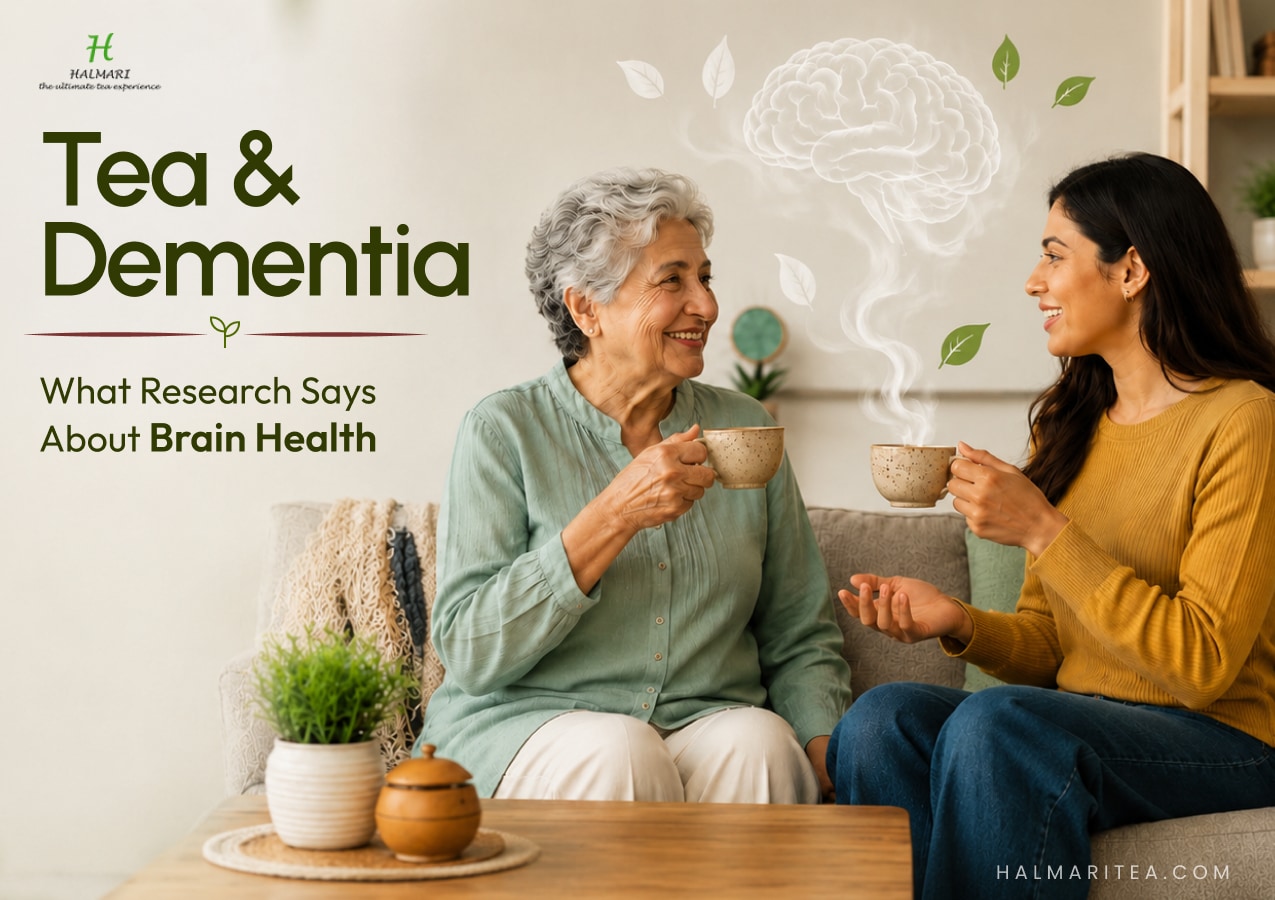 Tea and dementia concept showing older adults drinking tea for brain health and healthy aging with cognitive wellness illustration.