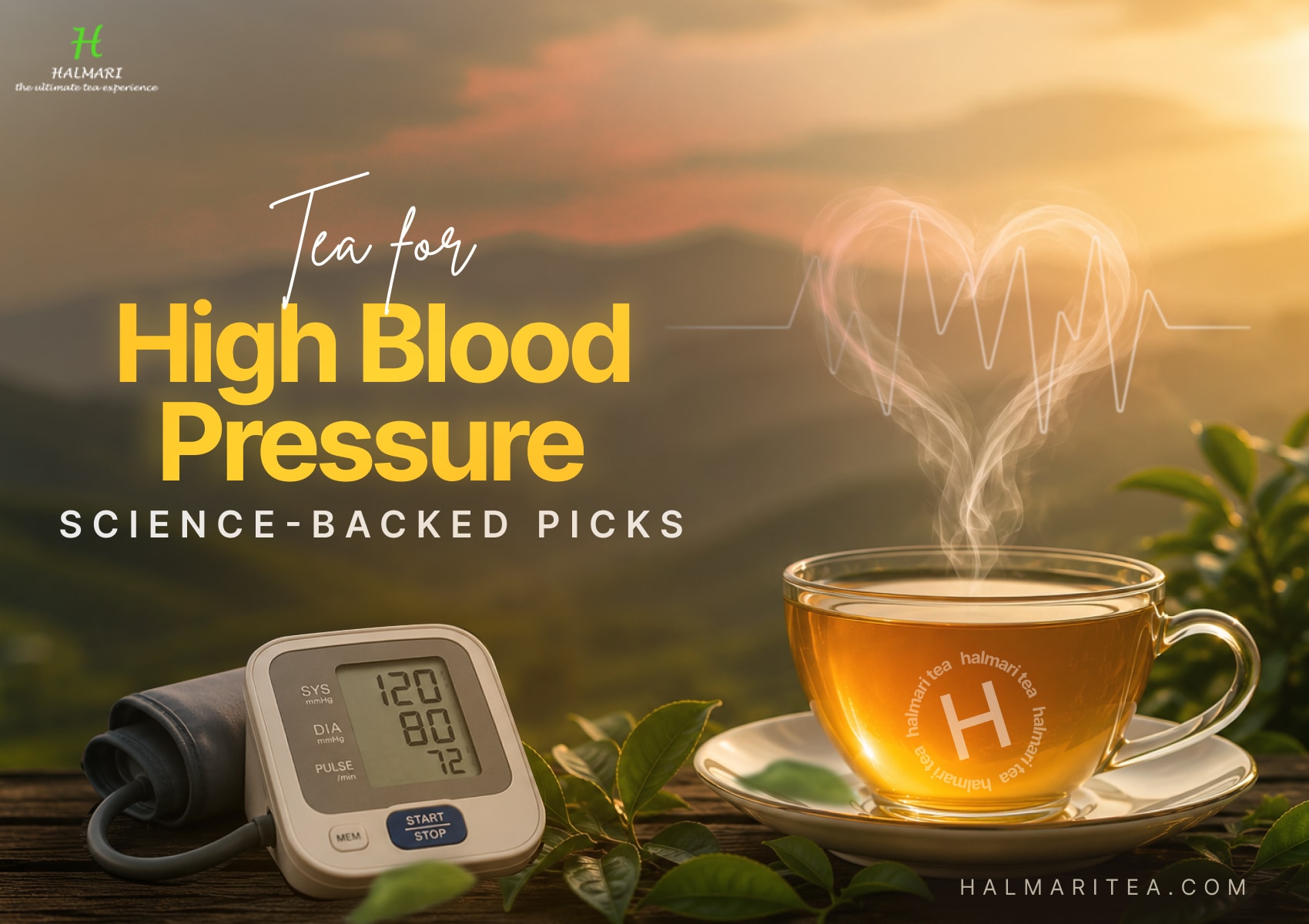 Science backed teas for high blood pressure with herbal tea cup blood pressure monitor and heart health concept.