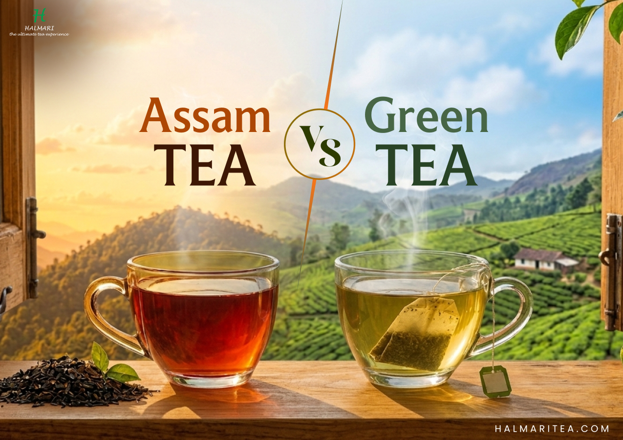Assam tea vs green tea comparison showing a cup of Assam black tea and green tea with tea gardens in the background, highlighting differences in colour, flavour, and processing.