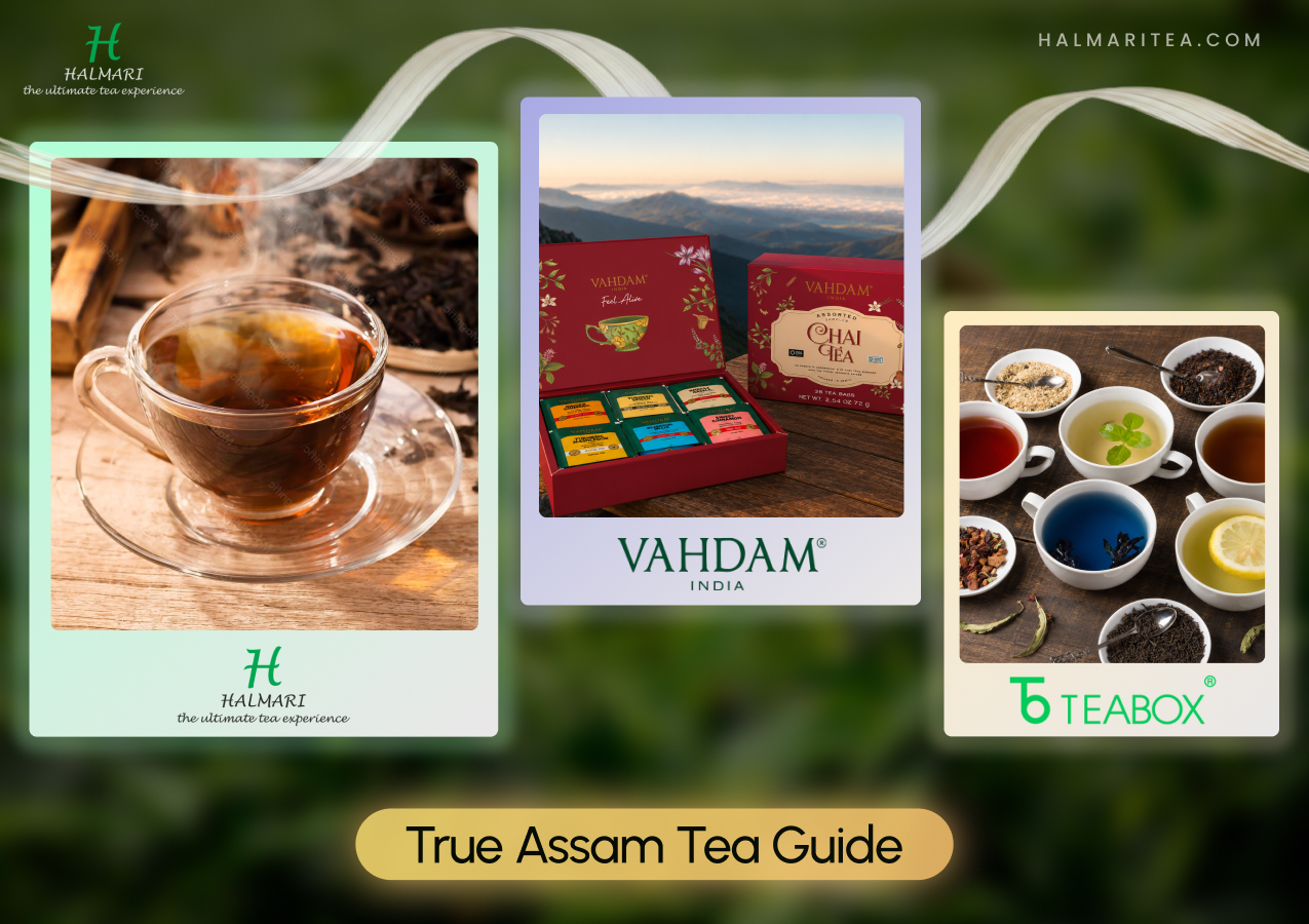Comparison of Halmari Tea, VAHDAM India and Teabox showcasing Assam tea, premium tea gift boxes and specialty tea varieties.