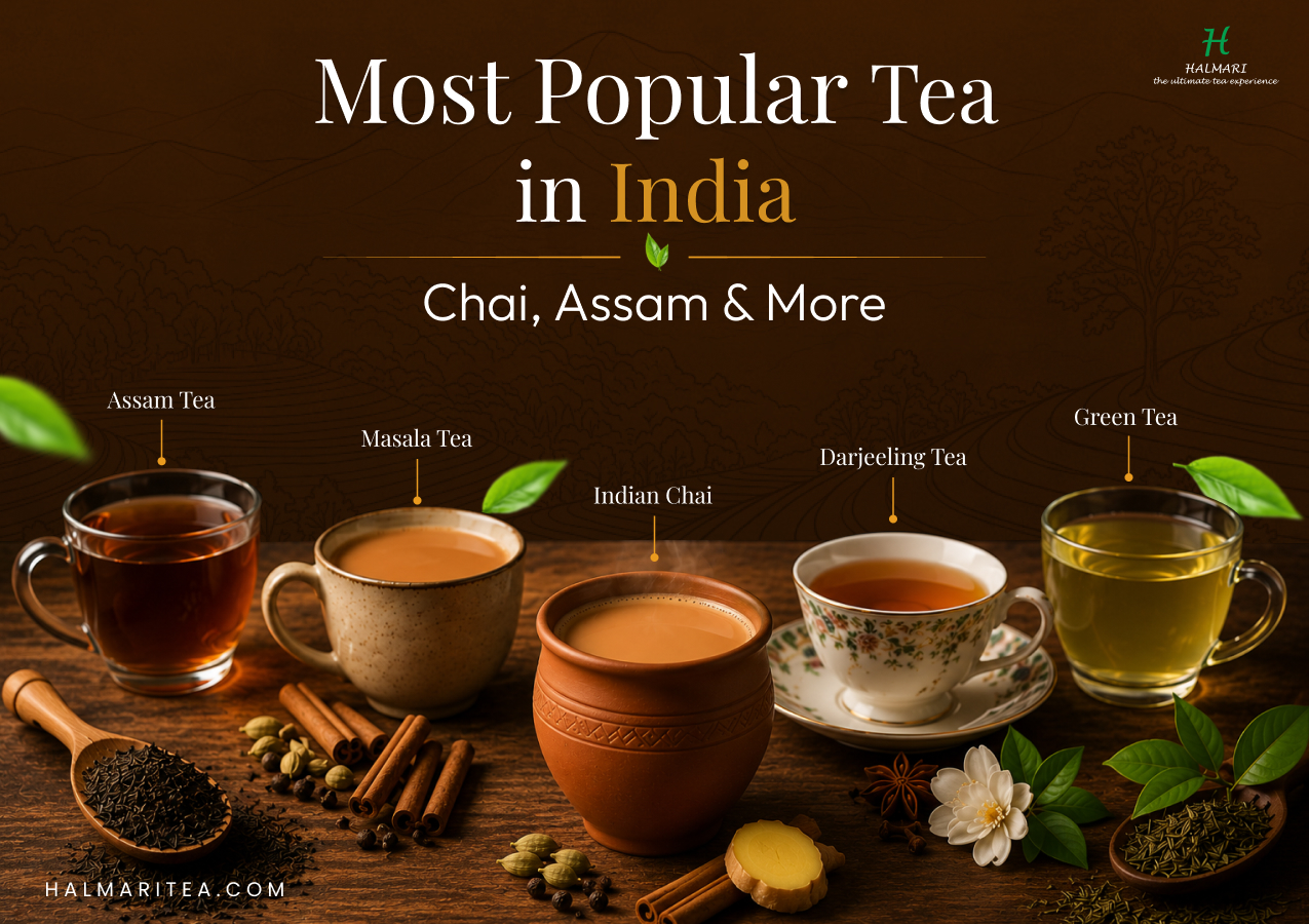 Most popular tea in India featuring Assam tea, Indian chai, masala tea, Darjeeling tea and green tea with cups of brewed tea and loose tea leaves.